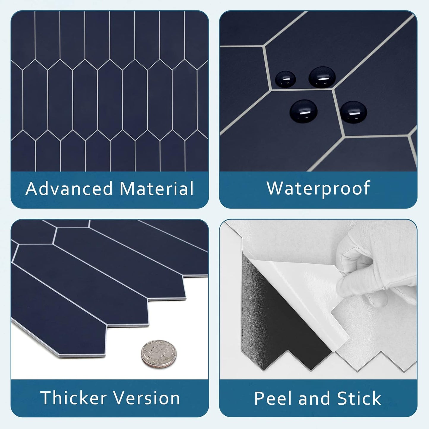 SUNWINGS Backsplash Tile for Kitchen Peel and Stick, Stone Composite Self Adhesive Tiles Long Hexagon Mosaic Wall Tile for Kitchen, 12 Inch x 11.22 Inch 10 Sheets Navy Blue