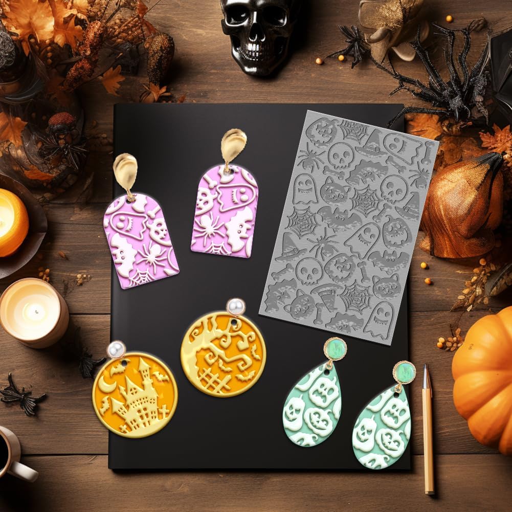 4PCS Halloween Polymer Clay Texture Sheets Set for Using with Clay Cutters, Pumpkins Clay Texture Mats, Jewelry Making DIY Halloween Craft Tools