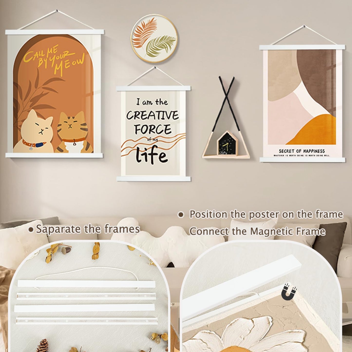 Artmag Magnetic Poster Hanger Frame, 30x40 30x20 30x24 Light Wood Wooden Magnet Canvas Artwork Print Poster Hangers Frames Hanging Kit (White, 30")