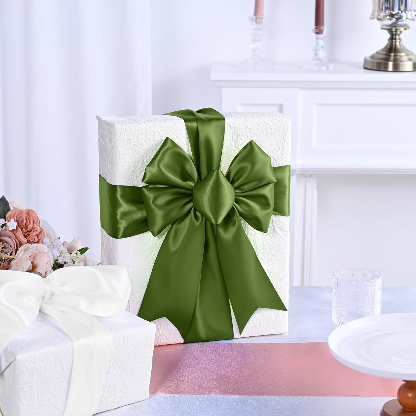 Moss Satin Ribbon 3 Inch X 15 Yards Solid Color Double Faced Ribbons Perfect for Crafts Wedding Decor Bow Making Arts Sewing and More