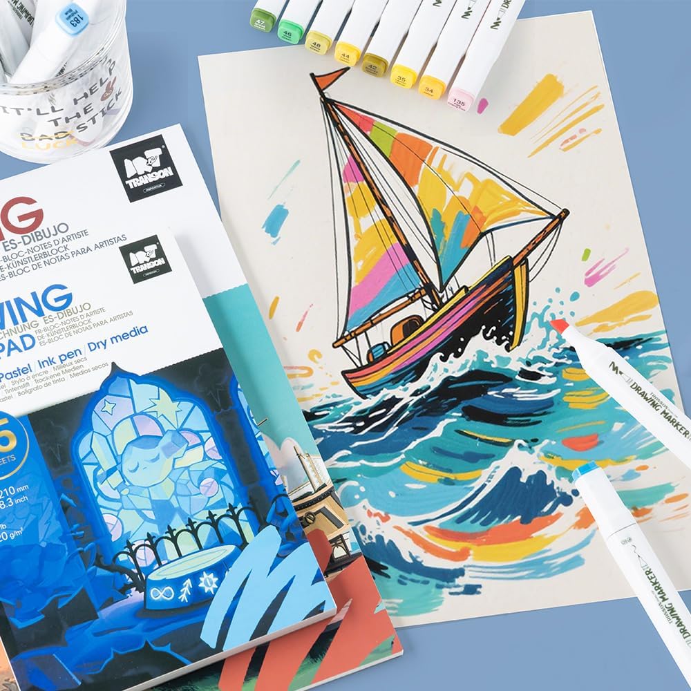 TRANSON Artist Mix Media Sketchbook Marker Pad, 5.8”x8.3” 80 Sheets A5 Art Papers, 80lb/120gsm for Painting, Drawing and Sketching