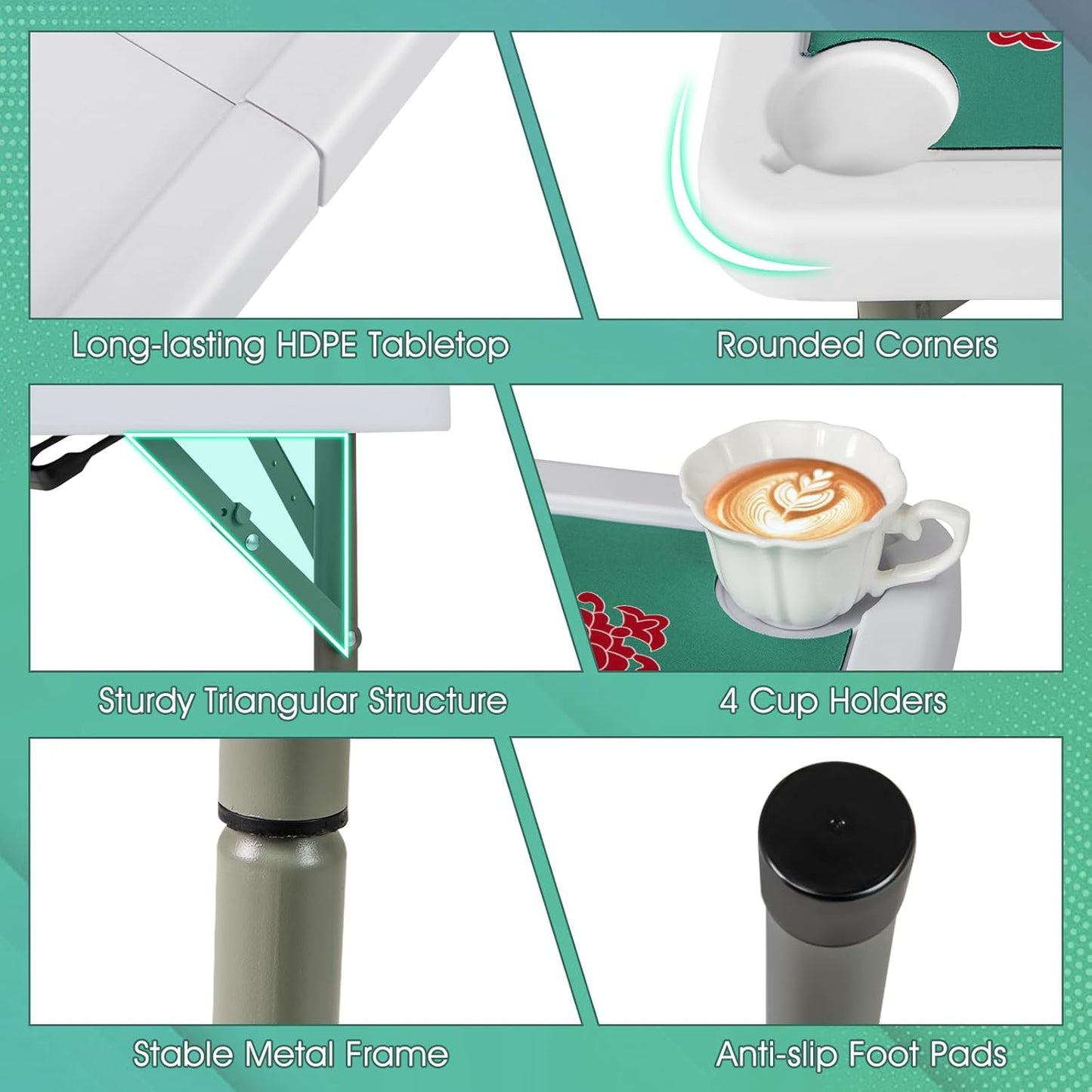 Giantex Folding Mahjong Table, 35" Square Card Table with Cup Holders, Removable Noise Reduction Mat, HDPE Tabletop, 4-Player Portable Domino Tables for Poker Blackjack Board Game (Green)