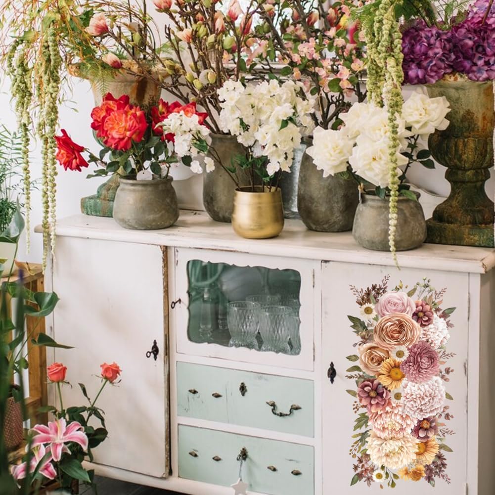 GLOBLELAND 4 Sheets Pink Vintage Bouquet Rub on Transfer for Furniture 11.8x5.9inch Flowers and Plants Rub on Transfer Sticker Daisy UV Self Adhesive Decals Wall Art Craft for Home Decor