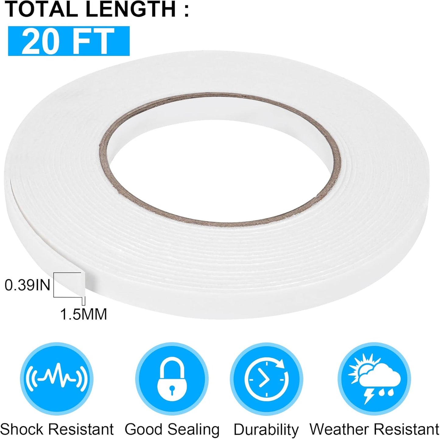 ToLanbbt Double Sided Foam Tape 0.39In x 20FT, Mounting Tape Heavy Duty, Strong Adhesive Weatherproof Seal Strips for DIY Craft Picture Poster, Car & Gap Filling Mountings, Home Office Decor (White)