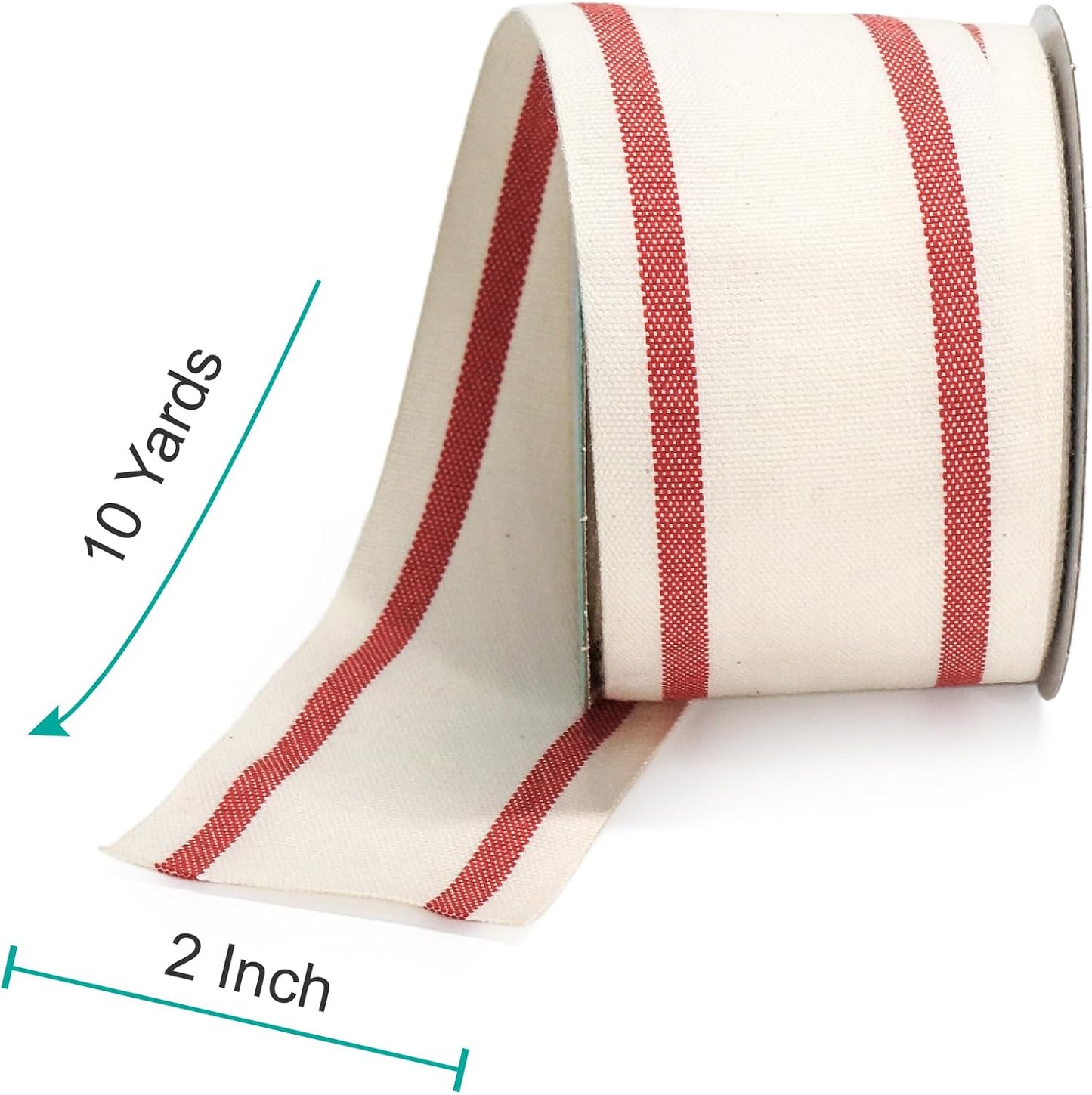 CT CRAFT LLC Ivory Cotton Red Stripes Ribbon 2" x 10 Yards for Home Décor Gift Present Wrapping DIY Crafts Birthday Wedding Bouquet Christmas