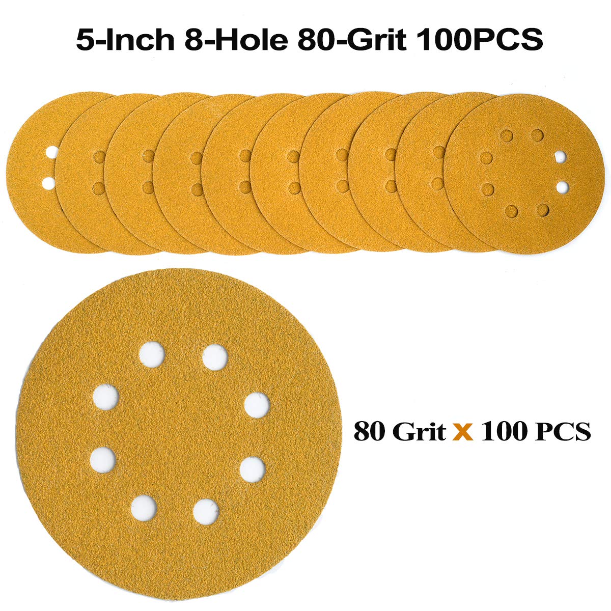 5-Inch 8-Hole Hook and Loop Sanding Discs 80-Grit Random Orbit Sandpaper, 100-Pack