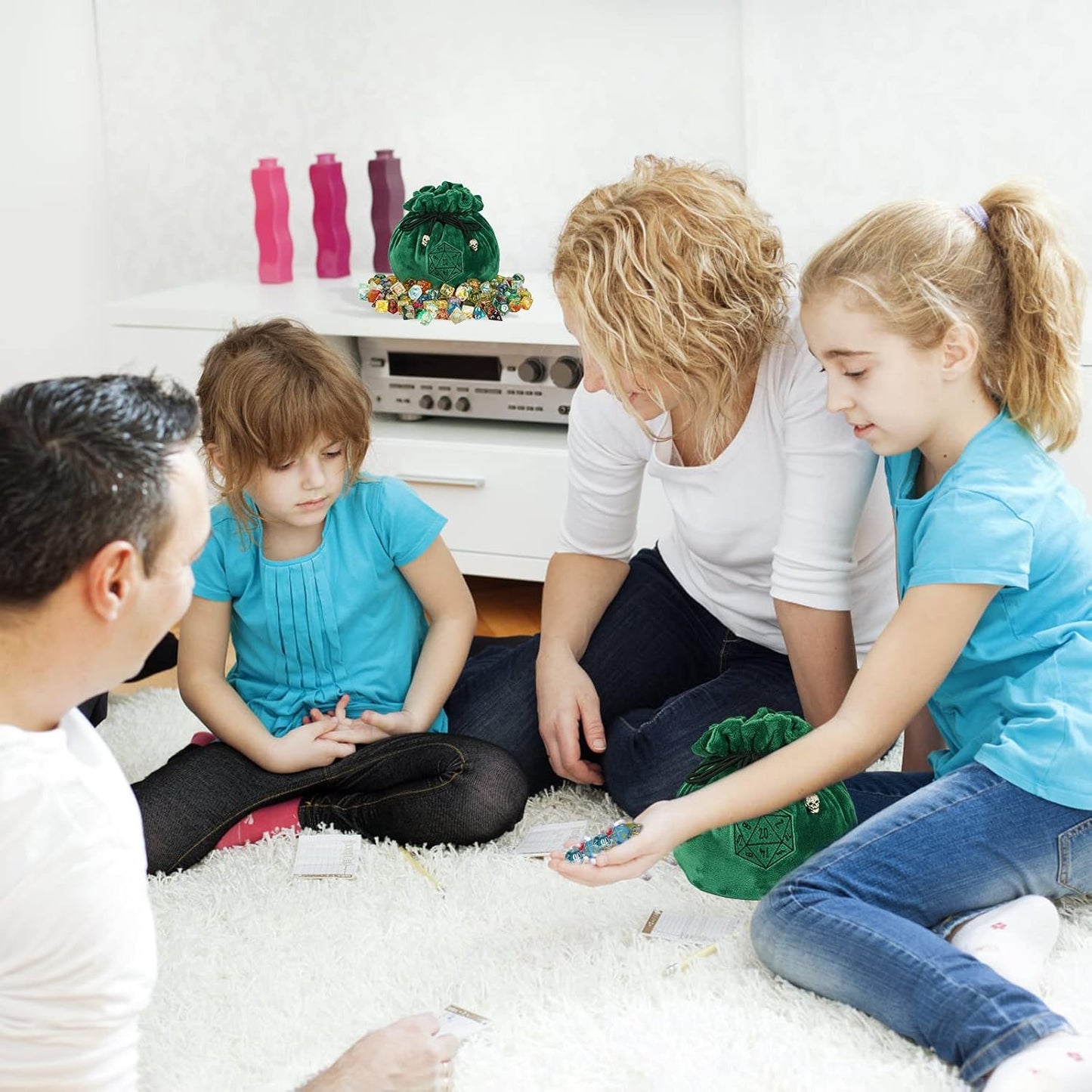 Large Dice Bags D&D with Pockets Green Storage Bag D20 Logo for DND RPG Game Dices - Capacity 200+ Dice