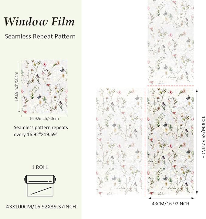 Rainbow Window Privacy Film Stained Glass Handmade Design for Bathroom, Watercolor Flower and Butterfly, 39.37" x 16.92"