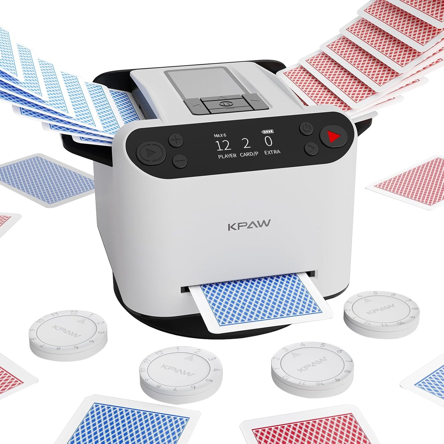 Automatic Card Shuffler and Dealer - 1-2 Decks Support 12 Players, 4 Drawing Remotes, Auto Post-Shuffle Deal, Consecutive/Random Dealing, for Poker, Blackjack, UNO, Phase 10, Five Crowns (White)