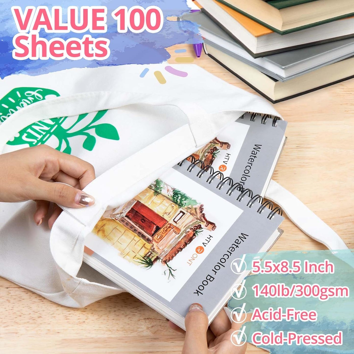 HTVRONT Watercolor Paper - 100 Sheets 5.5"x8.5" Watercolor Pad, 140 lb/300 GSM Watercolor Paper Pad, Spiral Bound for Full Spread & Sturdy Use, Ideal for Wet & Dry Media