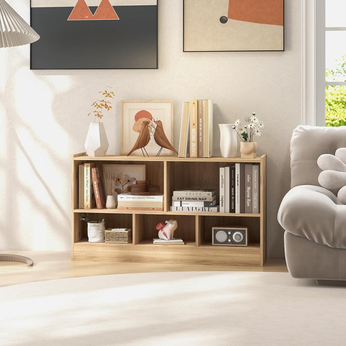 LOKO 2 Tier 5 Cube Bookcase, Open Shelf Storage Cabinet, Wooden Display Cabinet Shelf, Multipurpose Bookshelf for Living Room, Bedroom, Hallway, Home Office, Classroom (Natural)