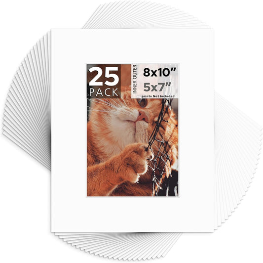 Mat Board Center, Pack of 25, 8x10 for 5x7 White Mats - Acid Free, 4-ply Thickness, White Core - for Pictures, Photos, Framing
