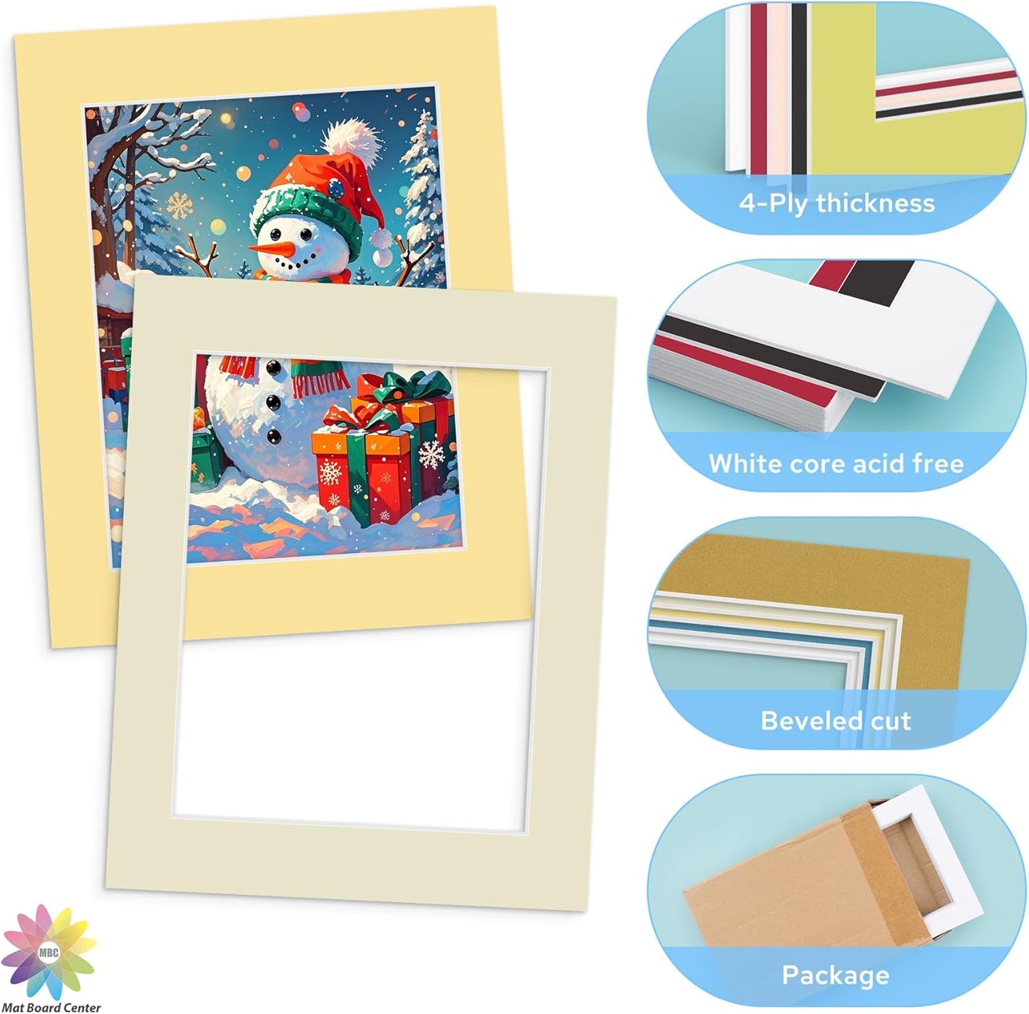 Mat Board Center, 11X14 Mix Color Mats for 8.5X11 Pictures - Acid Free, 4-Ply Thickness, White Core, Bevel Cut - for Artworks, Photos, Framing - Pack of 12