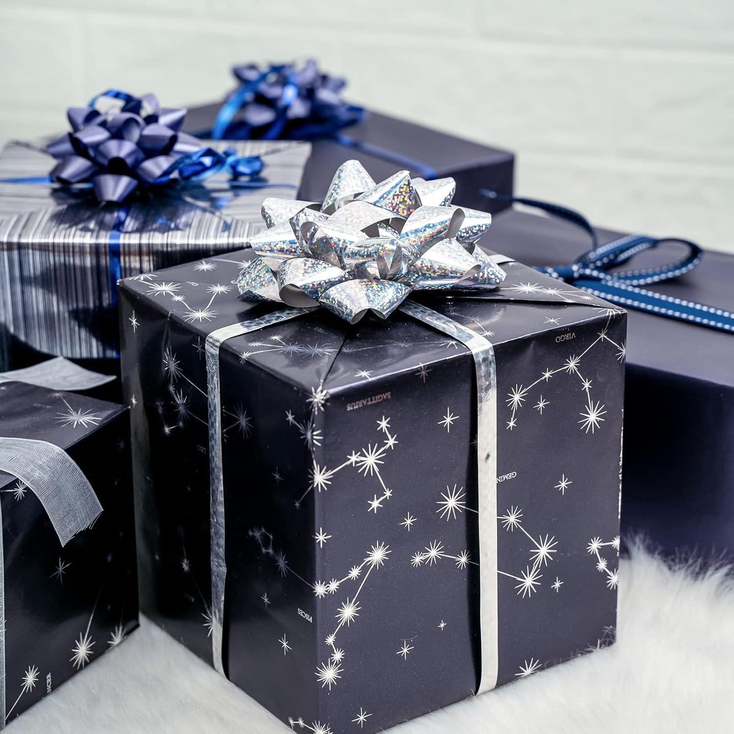 WRAPAHOLIC 30 Inch Navy Blue Wrapping Paper - Jumbo Roll Navy and Silver Constellation Wrapping Paper for Men, Birthday, Holiday, Father's Day, Baby Shower - 3 Rolls - 30 Inch x 120 Inch Per Roll