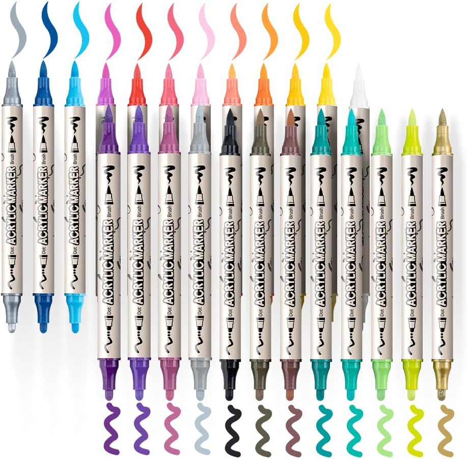 TRANSON 24 Colors Bold and Brush Dual-tip Acrylic Paint Marker Pen for Canvas Rock Wood Leather Ceramic DIY Painting