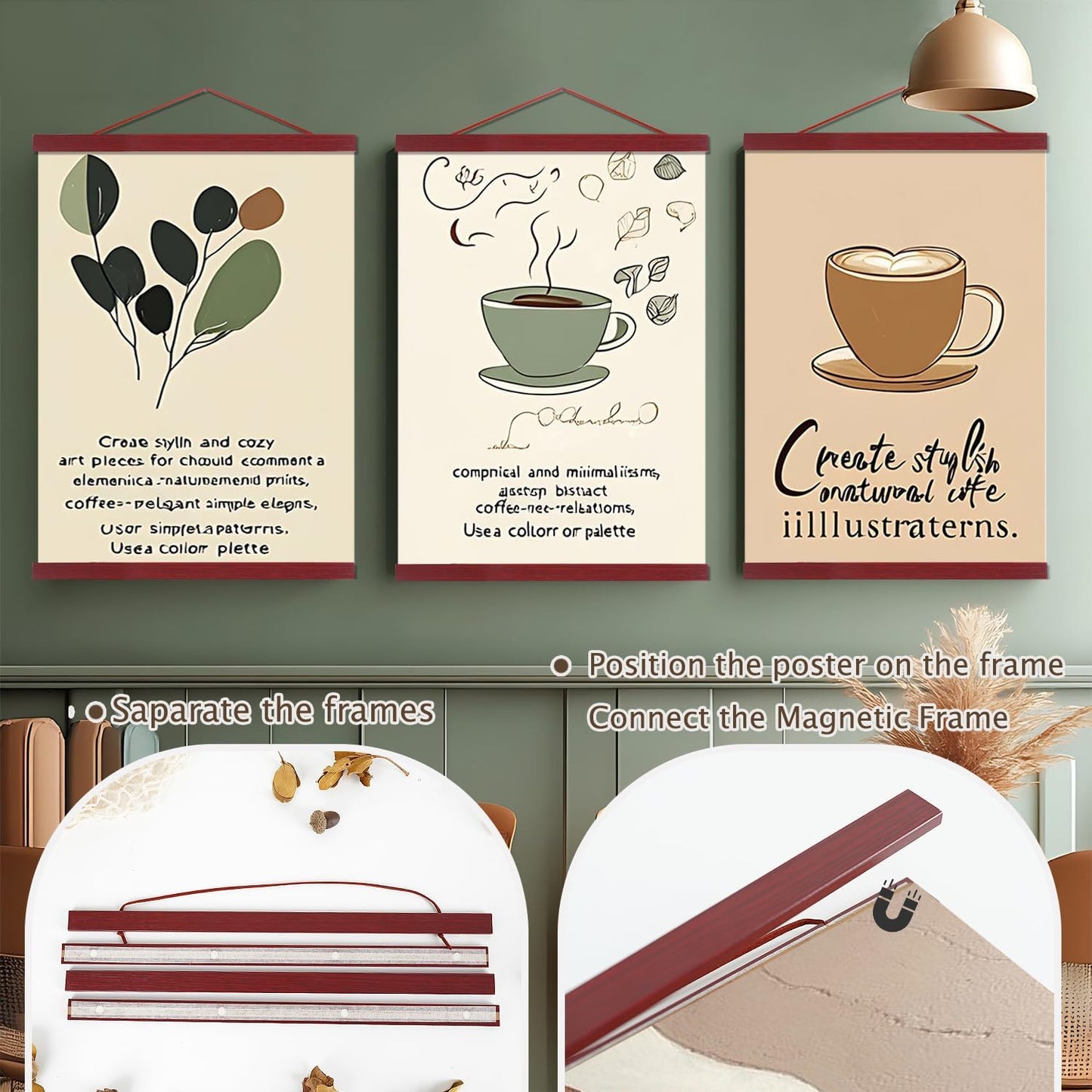 Artmag Magnetic Poster Hanger Frame, Light Wood Wooden Magnet Canvas Artwork Print Poster Hangers for 15x36 15x30 15x21 Frames Hanging Kit (Mahogany, 15")