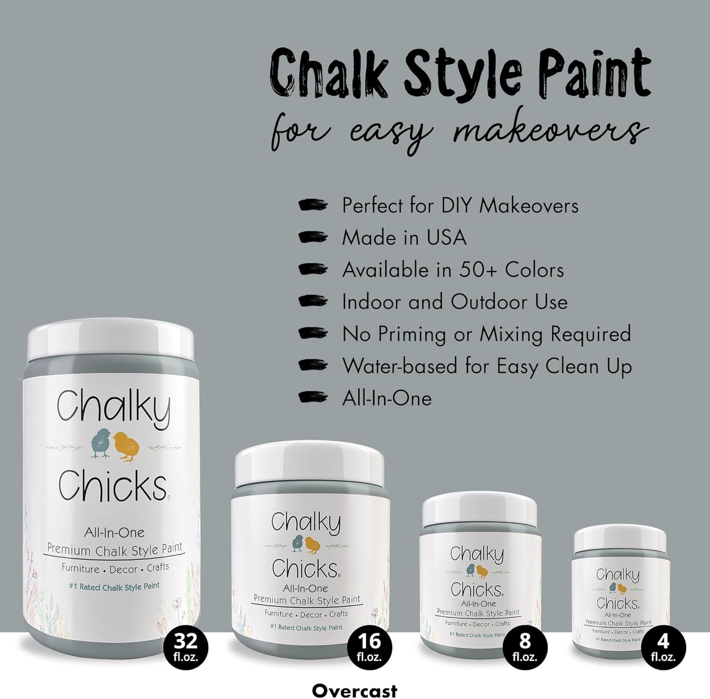 Chalky Chicks All-in-One Chalk Paint for Furniture or Cabinet - 32 Fl Oz - Matte Finish Overcast (Blue Gray) for Metal, Wood Furniture Paint - No Sanding All-in-One for Home Decor & Crafts, USA Made