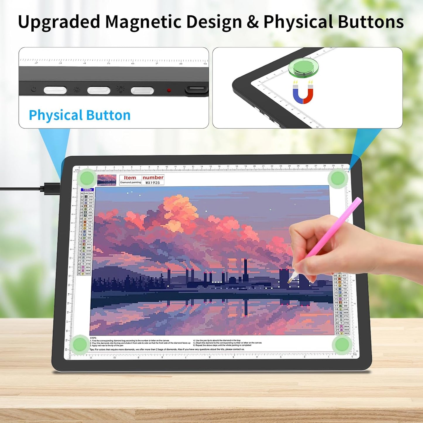 TOHETO A4 Light Board with Bag for Diamond Painting, Super Bright Magnetic Light Pad with Side Buttons, Lightbox for Tracing and Drawing, Corded Light Table for Sketching, Weeding Vinyl (Black)