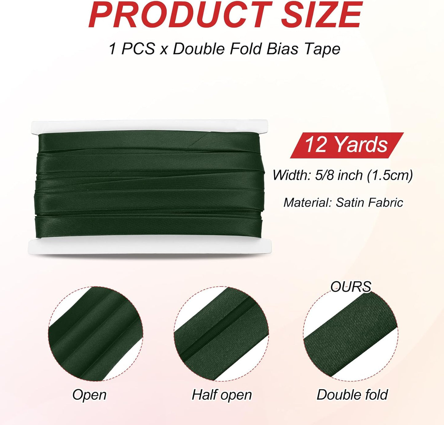 MECCANIXITY Double Fold Bias Tape for Sewing 5/8 Inch x 12 Yards Satin Pre-fold Continuous Binding Tape for Seaming Quilting Hemming Binding DIY Crafts, Deep Green