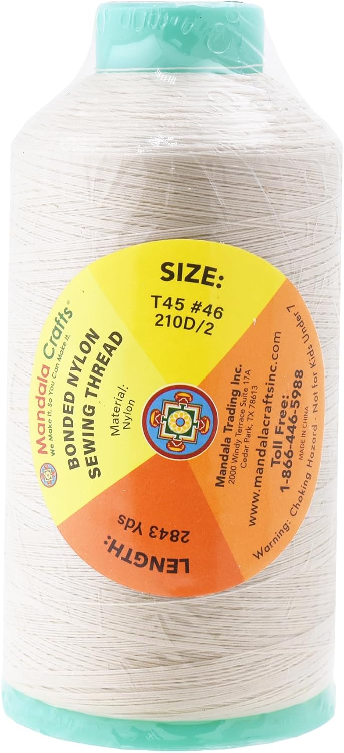 Mandala Crafts Bonded Nylon Thread Off White Heavy Duty Sewing Threads - 2843 YDs Size 46 210D T45 Tex 45 Thread for Leather Jeans Weaving Outdoor Marine Upholstery Threads