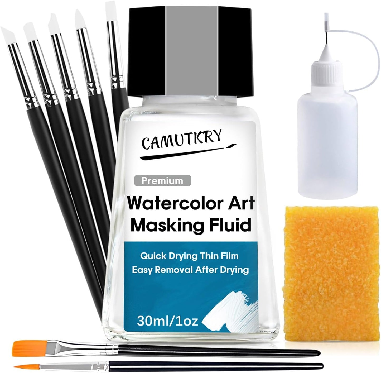 Watercolor Masking Fluid, Liquid Masking for Painting Watercolor Accessories with Silicone Pen Cleaning Brush Retouching and Covering for Painting and Various Art Projects Supplies,White 30ml