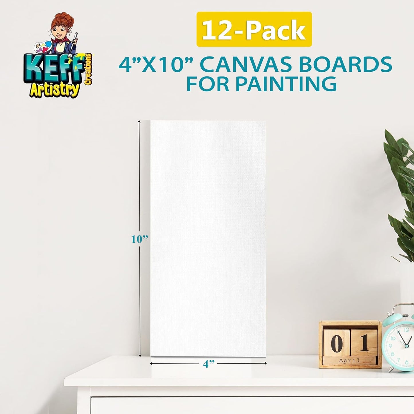 KEFF Canvas Boards for Painting - 4x10 12-Pack Bulk Canvas Panels, 100% Cotton Triple Primed Small Canvases for Painting Supplies, Acrylic, Oil, Watercolor & Tempera