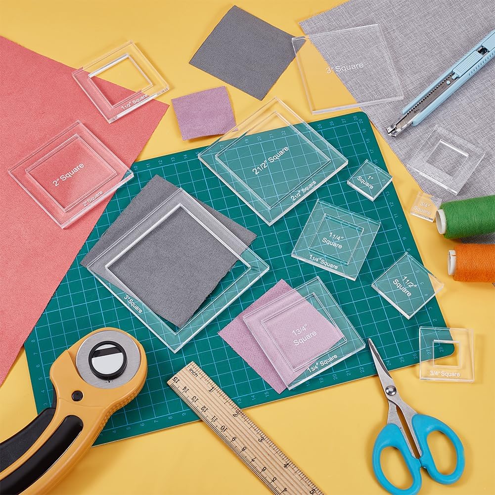 BENECREAT 16 Sizes Square Quilting Template, Acrylic Intricate Sewing Machine Ruler, Transparent Pressure Plate Router Template for DIY Hand Patchwork Cutting Craft, 6mm Thick