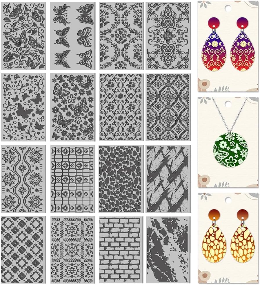 CHGCRAFT 16 Sheets Flower and Butterfly Clay Texture Mat Vintage Pattern Polymer Clay Texture Sheets DIY Tools for Pottery Earring Jewelry Making Stamp Engraving Machines, 4x2.6inch