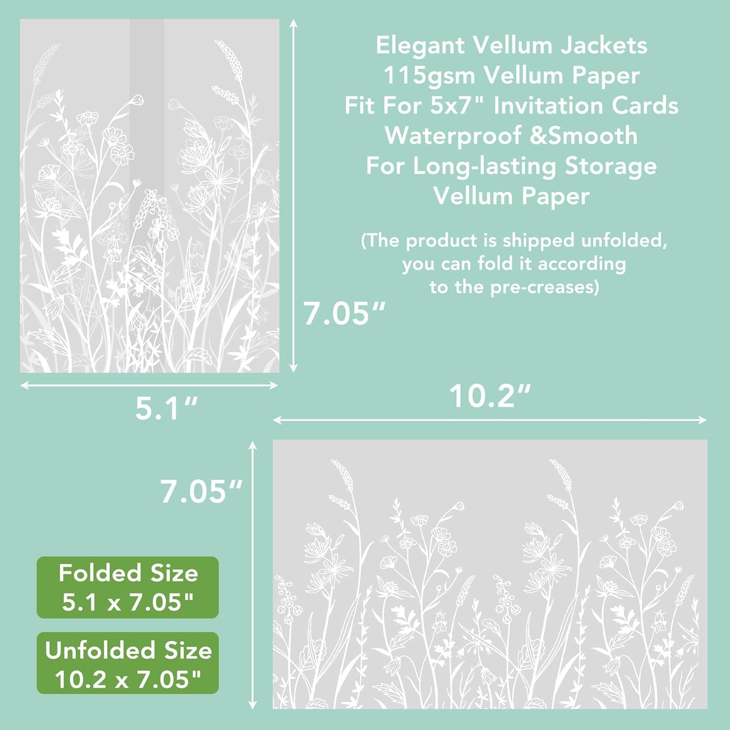 SWANGSA 100 Pack Vellum Jackets for 5x7 Invitations, Elegant White Wildflower Vellum Paper, 115GSM Translucent Invitation Sleeve Wraps for Wedding Bridal Baby Shower Birthday Envelopes