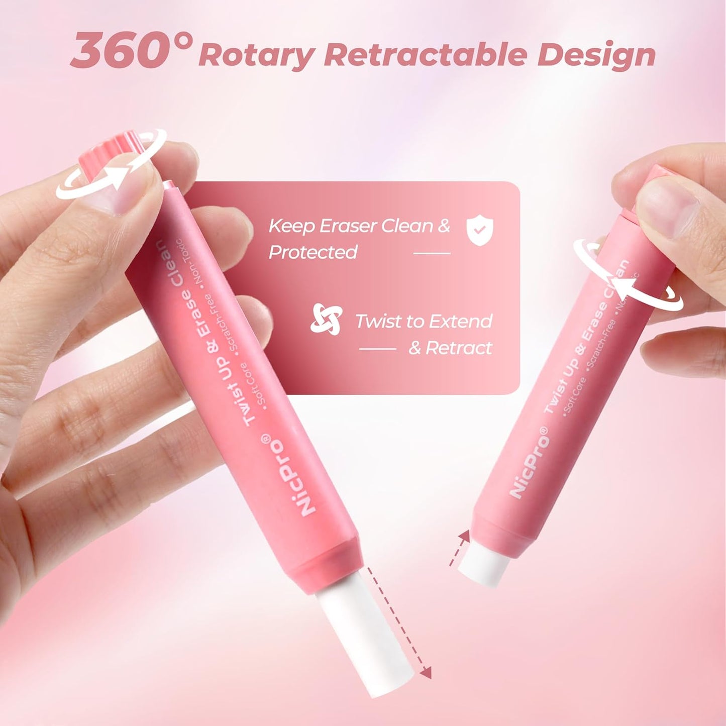 Nicpro 6 Pack Rotary Retractable Erasers Pen Style, Aesthetic Pastel Twist Erasers in Rainbow Colors, Clean Erasing TPE Eraser for School Supplies, Office, Drawing & Journaling