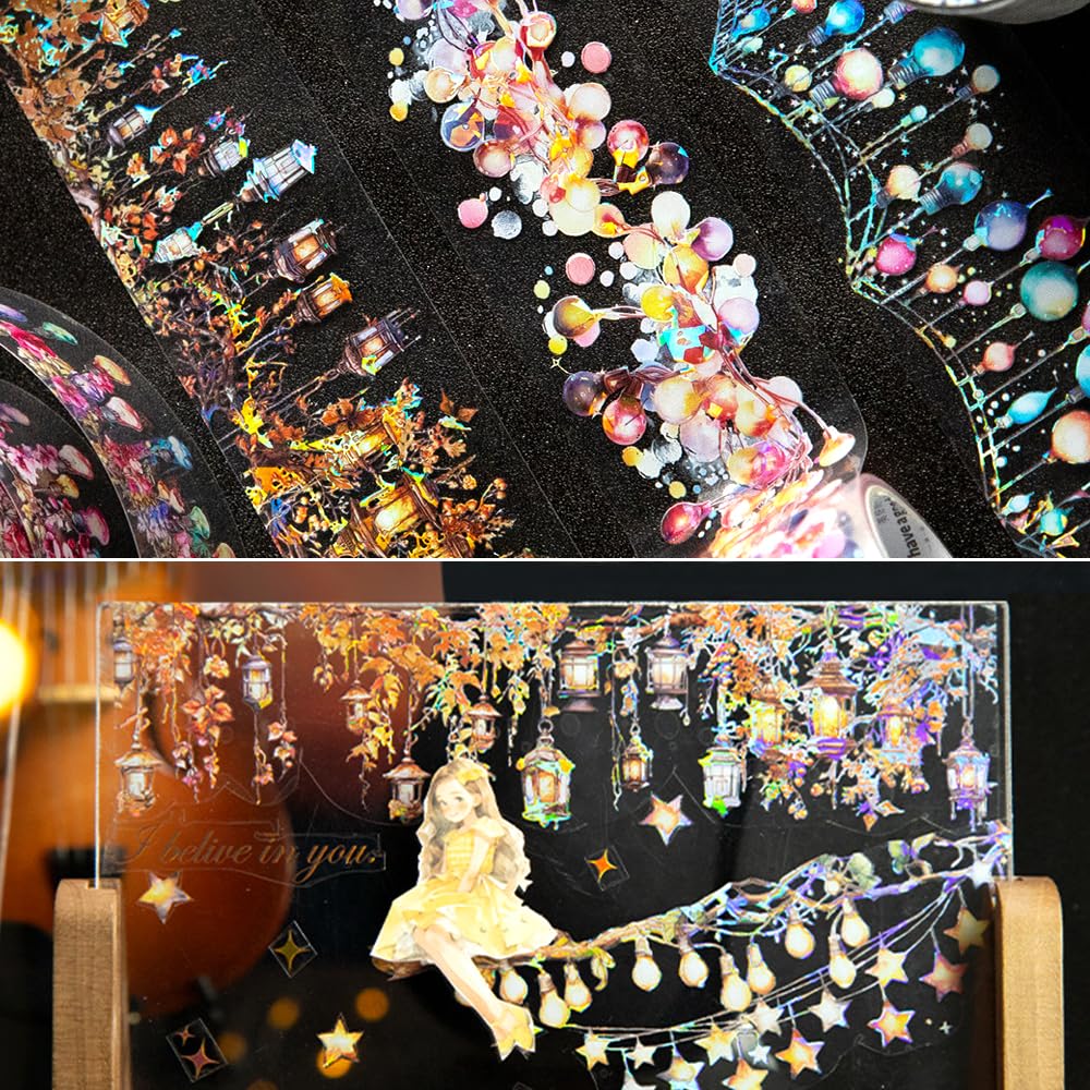 6 Rolls Holographic PET Tape Stickers for Journaling,Romantic Lights Series Glitter Washi Tape,Self-Adhesive Vintage Washi Tape Stickers,Decorative Tape for Scrapbook Photo Album Gift Wrap DIY Crafts