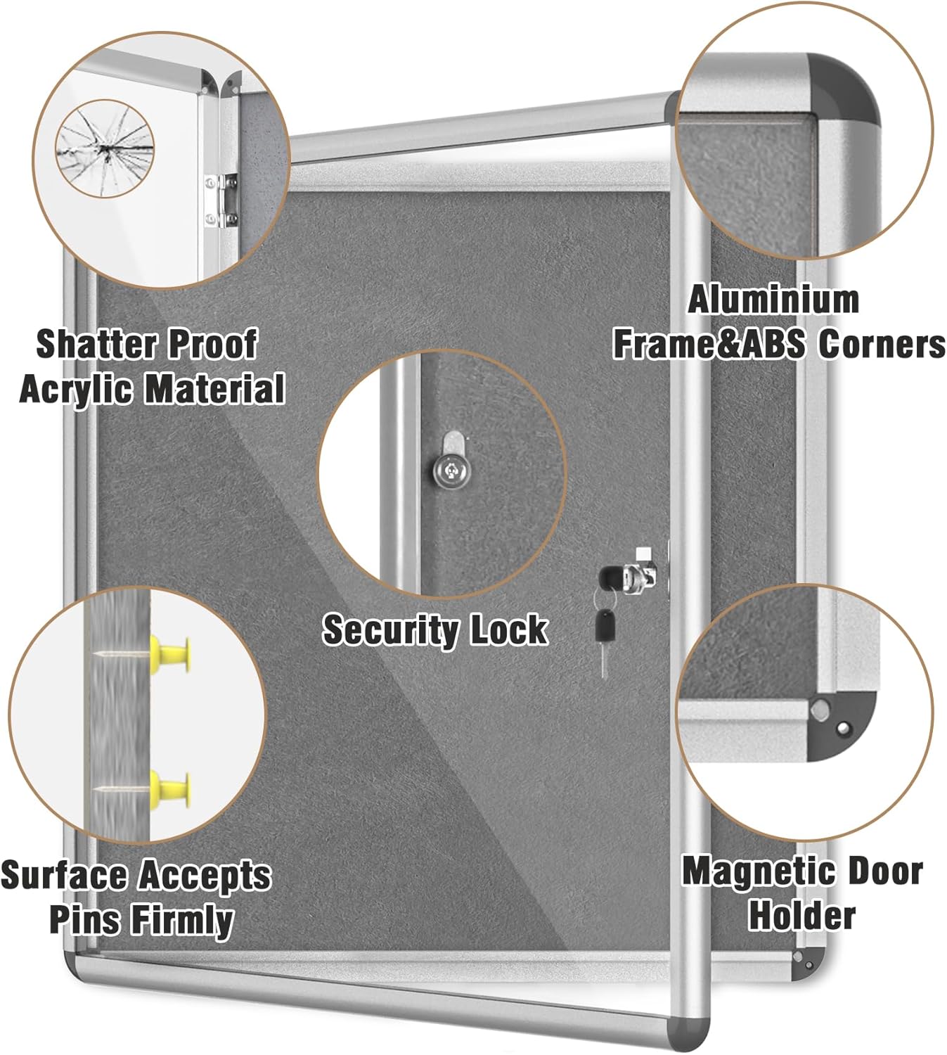 28"x26" Enclosed Bulletin Board, Lockable Weather-Resistant Aluminum Cork Noticeboard for School & Office, Silver Frame w/Grey Flet