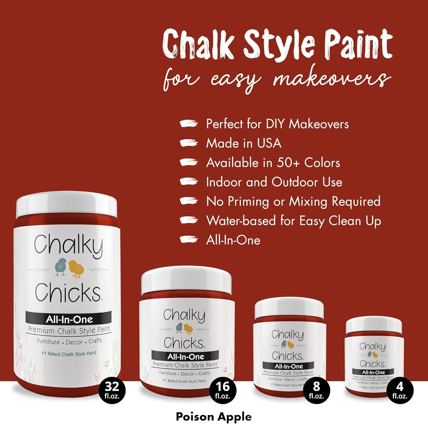 Chalky Chicks All-in-One Chalk Paint for Furniture or Cabinet - 8 Fl Oz - Matte Finish Poison Apple (Dark Red) for Metal, Wood Furniture Paint - No Sanding All-in-One for Home Decor & Crafts, USA Made