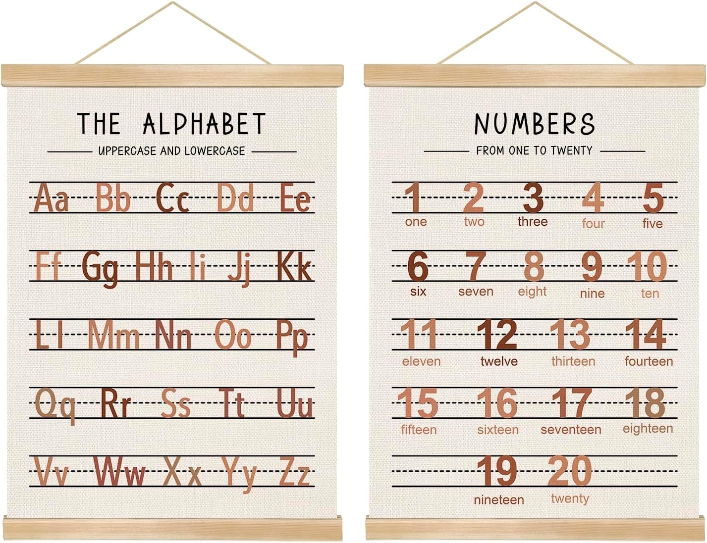 Alphabet and Numbers Wall Chart Set of 2 ,Kids Educational Posters,ABC and 1-20 Number Learning Banners for Toddlers, Preschool Classroom, Homeschool, Nursery, Playroom Decor 14 x 18.5 Inch (Brown)