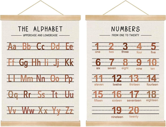 Alphabet and Numbers Wall Chart Set of 2 ,Kids Educational Posters,ABC and 1-20 Number Learning Banners for Toddlers, Preschool Classroom, Homeschool, Nursery, Playroom Decor 14 x 18.5 Inch (Brown)