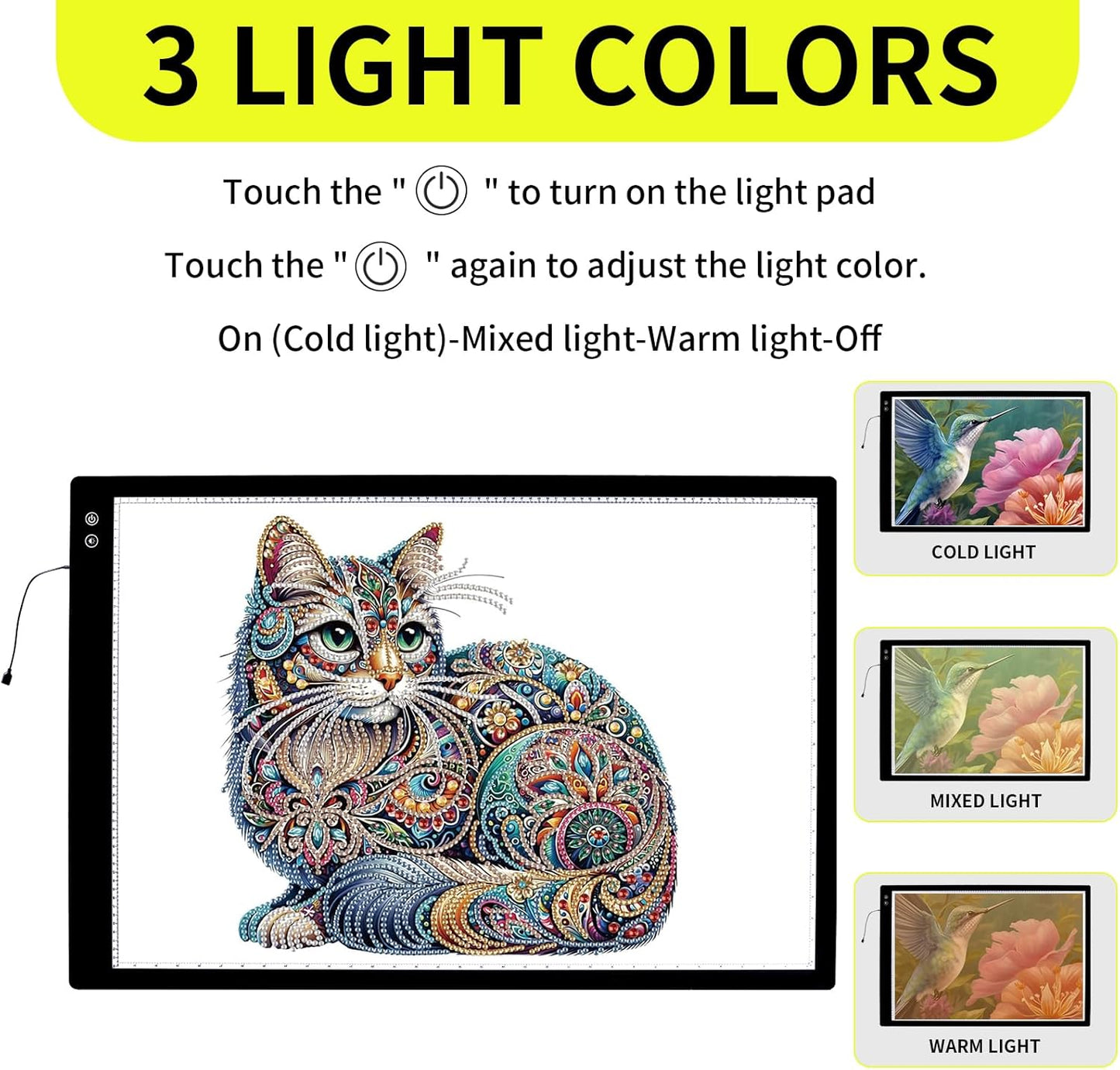 YINGWOND A1 Large Rechargeable Light Pad,Diamond Art Light Board with 3 Color Modes,6 Levels and Stepless Dimming,Battery Powered Light Box for Tracing,Diamond Painting,Drawing,Sketching