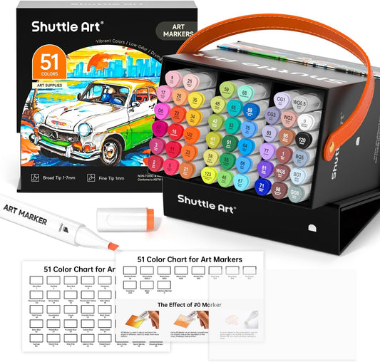Shuttle Art 51 Colors Alcohol Markers, 50 Colors Dual Tip Art Marker Set Plus 1 Colorless Blender with Marker Case Perfect for Illustration Students Adult Coloring Sketching
