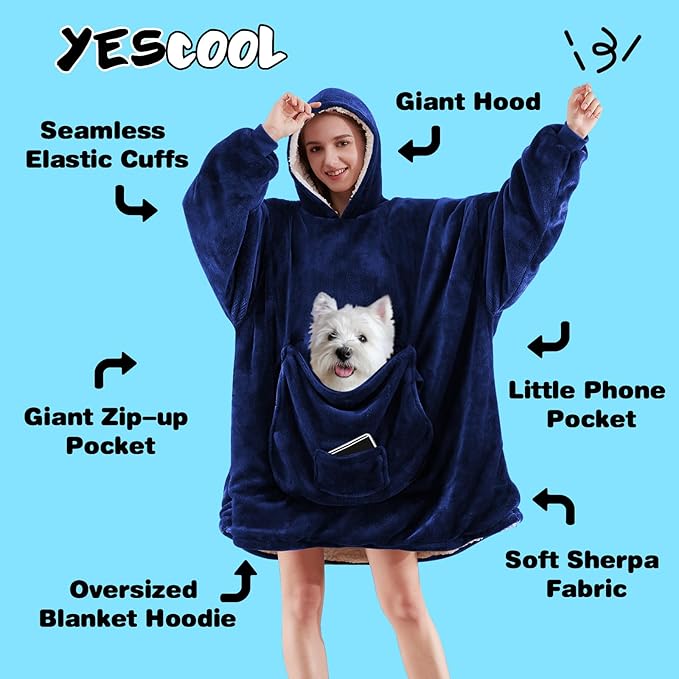 yescool Wearable Blanket Hoodie, Flannel Sherpa Fleece Blanket Sweatshirt for Adults Women Men,One Size Fits All