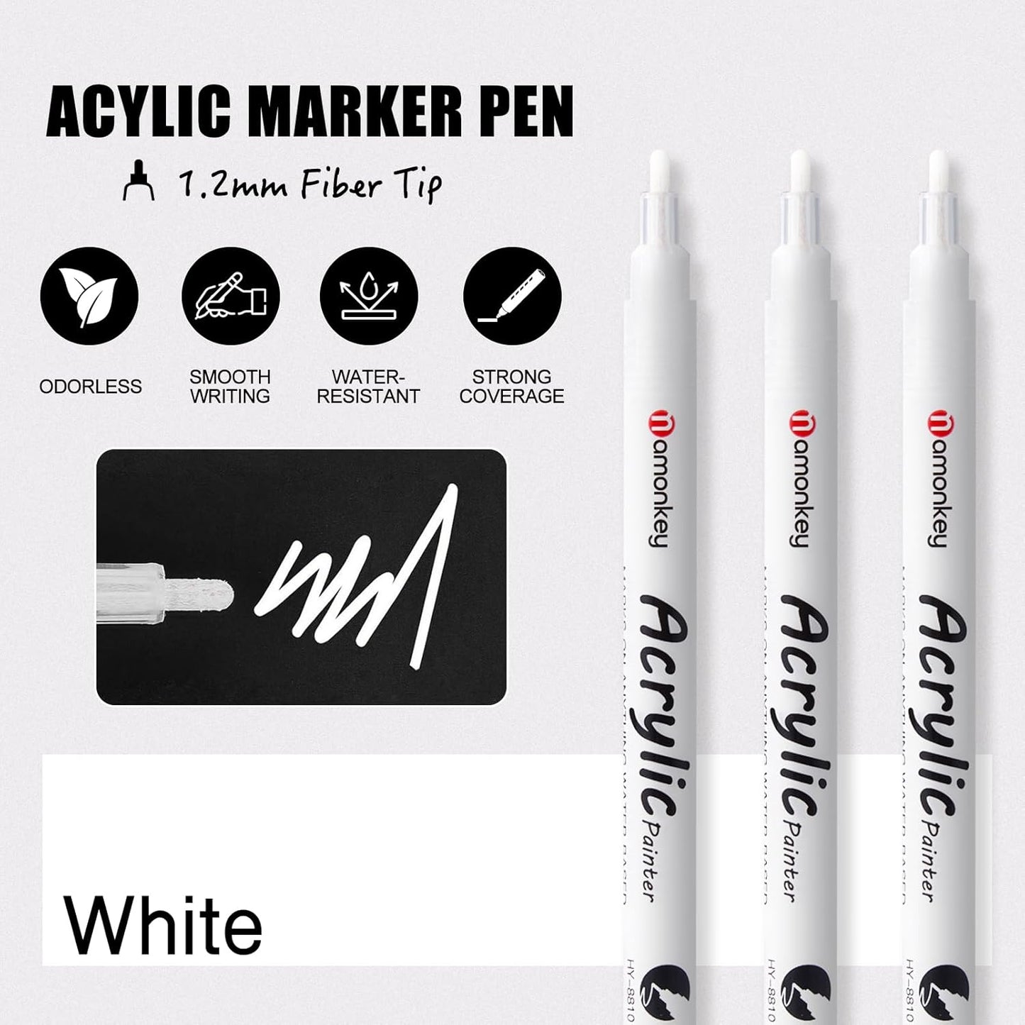 White Paint Marker Pens 6 Pack 1.2mm Fine Tip, Permanent Acrylic Ink for Rock, Wood, Metal, Glass, Ceramic, Plastic, Canvas, Pens for DIY Crafts, Art & Fine Detailing