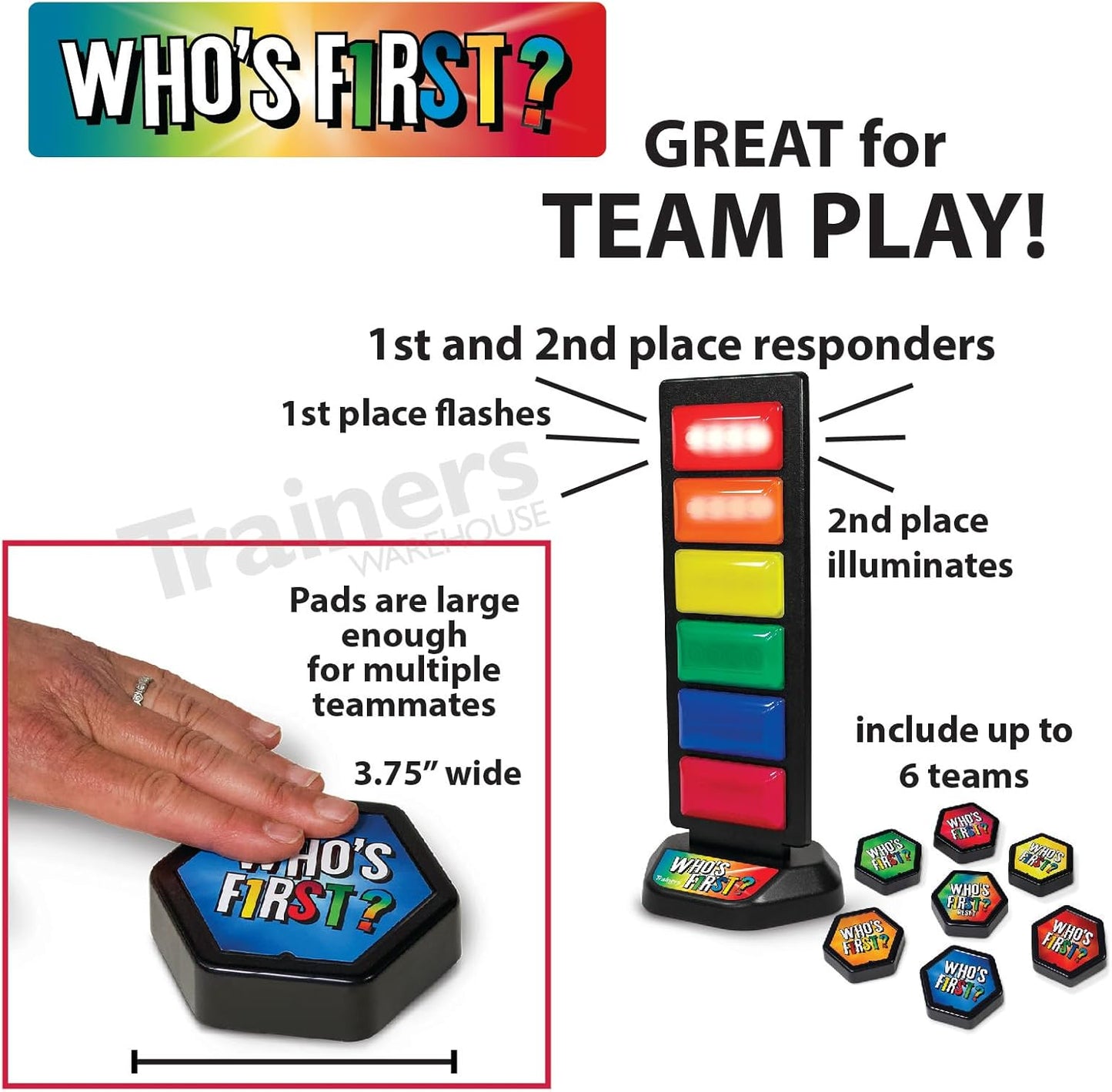 Trainers Warehouse Who's First? v3 Wireless Game 6 Buzzer System | Foster Gameshow Excitement in The Classroom - Includes Light Tower & USB Port & Randomizer | Make Trivia and quizzes Fun!
