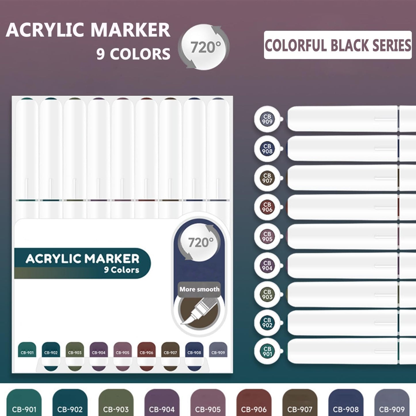 Water Based Acrylic Paint Markers, 9 Colors Acrylic Paint Pens Set with Soft Brush Tip, Marker Pen for Rock Painting, Egg, Wood, Glass, Paper, Acrylic Painter Ink (Colorful Black Series)