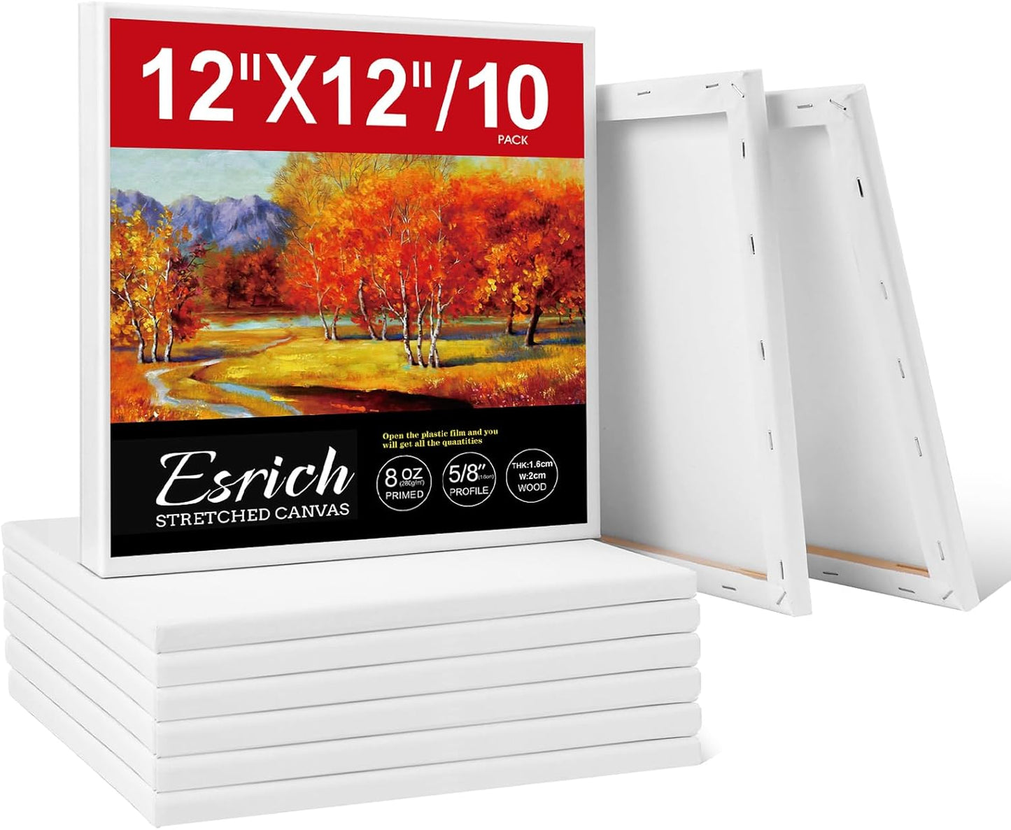 ESRICH Stretched Canvas for Painting 12 x 12 Inch, 10 Pack Blank Canvas -5/8 Inch Profile Primed Cotton White Canvases for Painting for Oil & Acrylic Paint, Art Canvases for Painting for Adult & Kids.