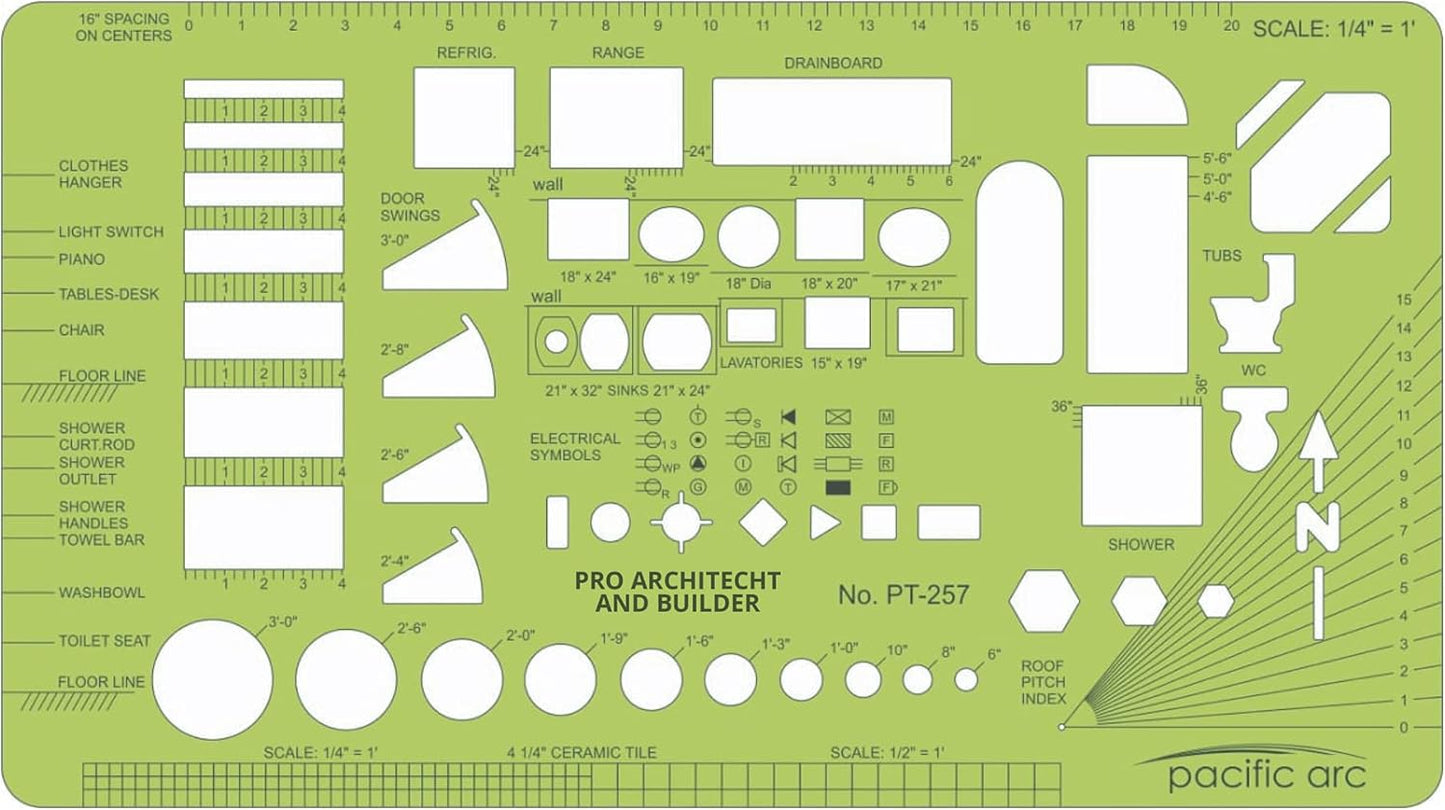 Pacific Arc, Architects & Builders Template, 1/4 in Scale, Drawing aid Stencil for Professional or School Work, Size 5.125 x 9.25 in.