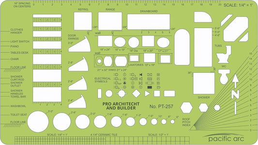 Pacific Arc, Architects & Builders Template, 1/4 in Scale, Drawing aid Stencil for Professional or School Work, Size 5.125 x 9.25 in.