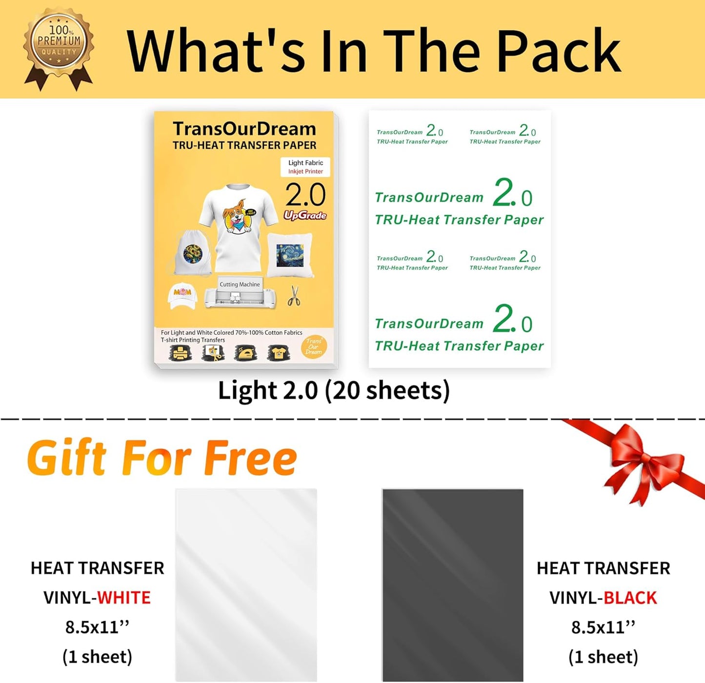 TransOurDream Tru-Iron on Heat Transfer Paper for Light Fabric (20+2 Sheets, 8.5x11") Printable Iron on Transfers Paper for Inkjet Printer & Heat Transfer Vinyl for T Shirts (L2-BW-22)