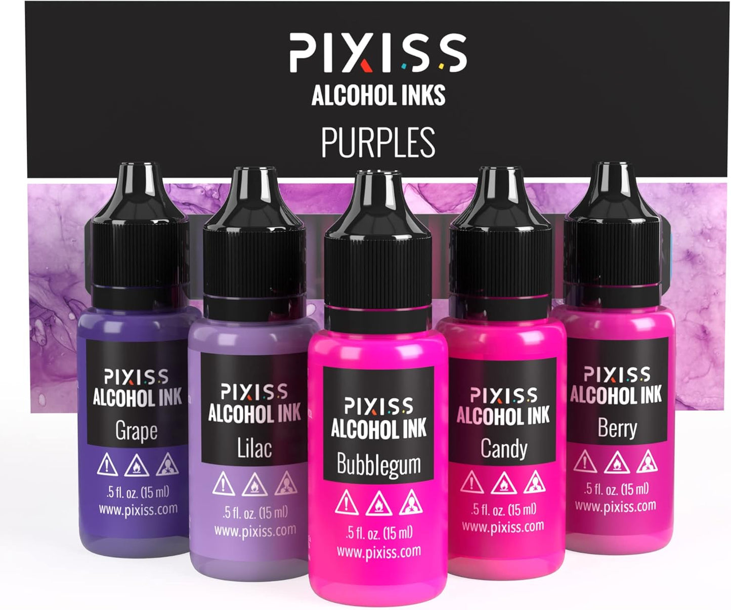 Pixiss Purple Alcohol Ink Set - 5 Shades of Highly Saturated Alcohol Ink for Epoxy Resin Supplies, Yupo Paper, Tumblers, Coasters - Resin Colorant for Epoxy Resin and Resin Art Supplies