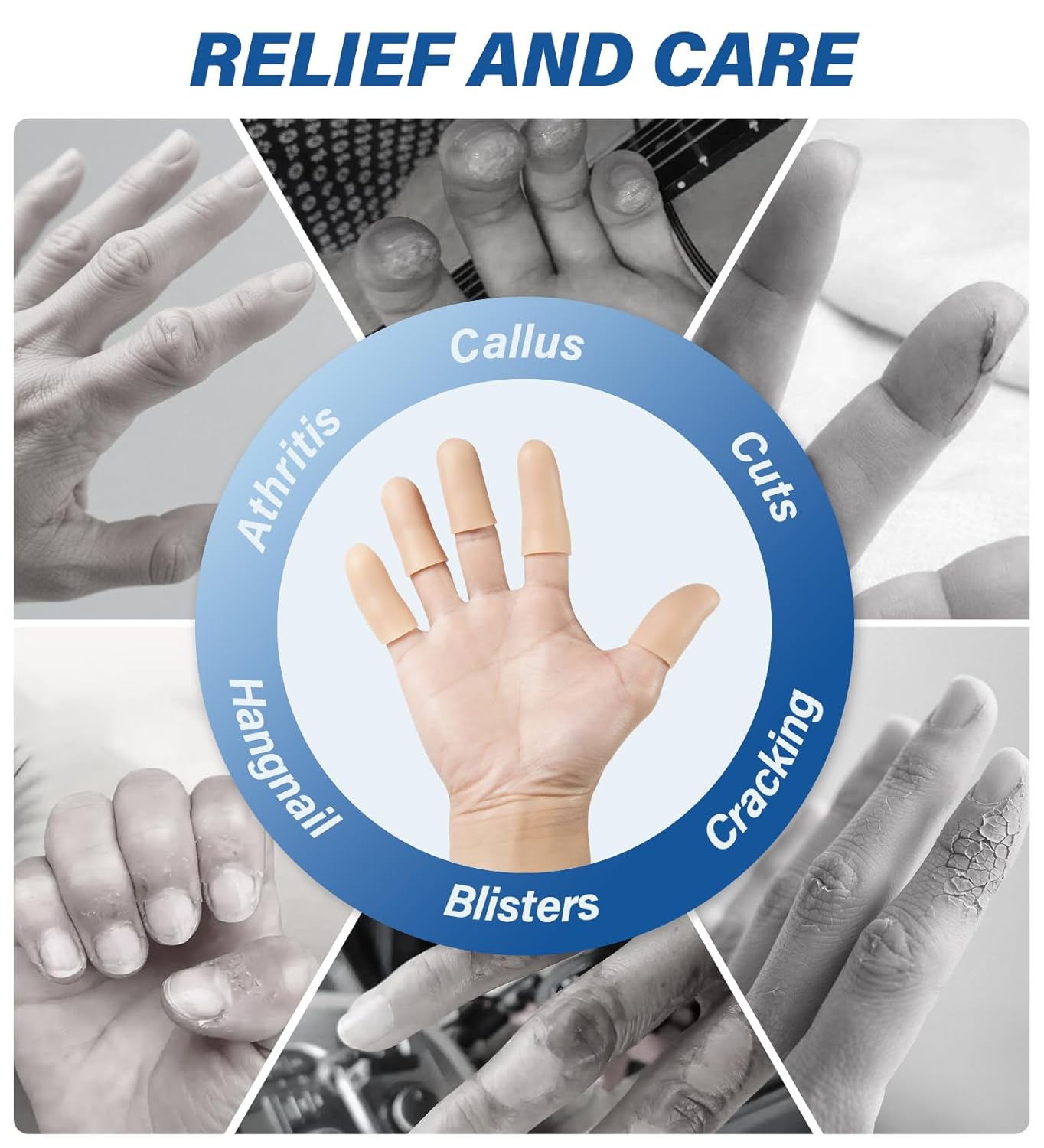 MasterMo Gel Finger Cots Protectors, Silicone Fingers Covers Bandages Caps Sleeves for Fingertip Thumb Protection, Ideal for Trigger, Arthritis, Cracking, Blisters, Callus, Hangnail & Pain Relief (Nude, L, 12PCS)