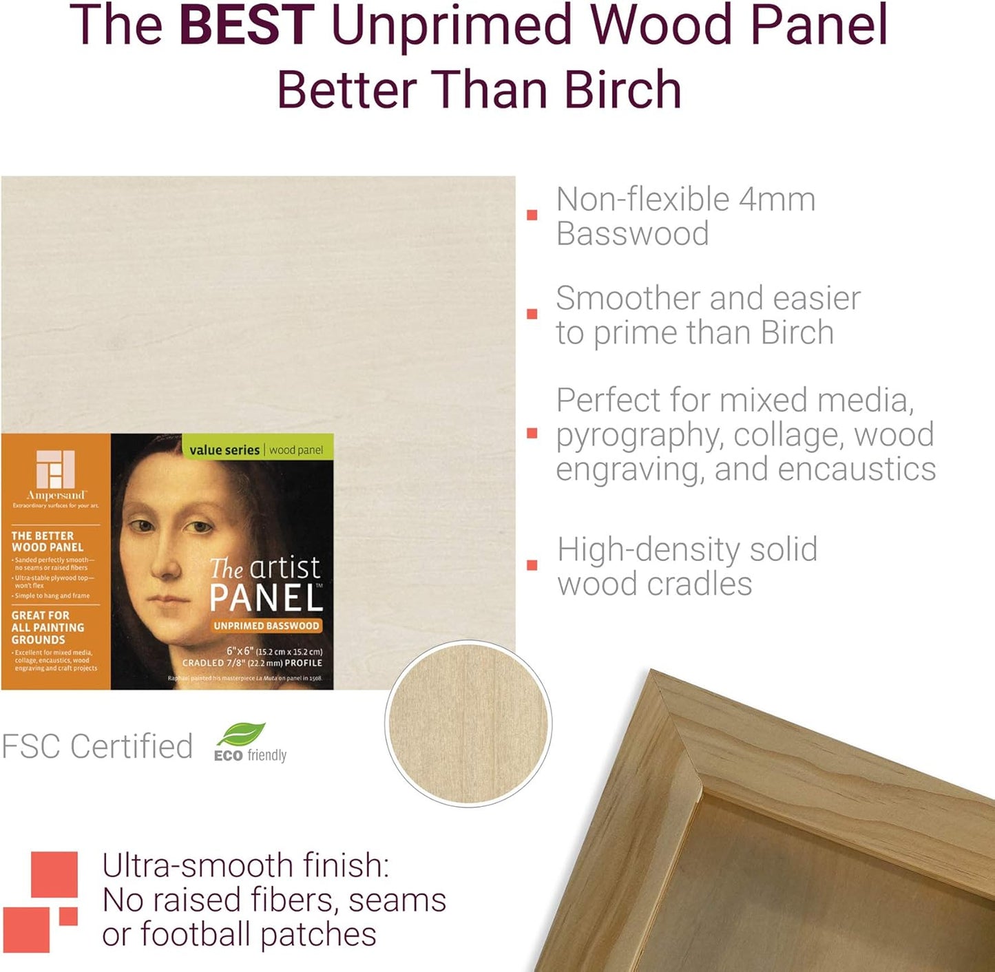 Ampersand Art Supply Unprimed Basswood Artist Panel, 1-1/2" Cradled Profile, 8"x16"