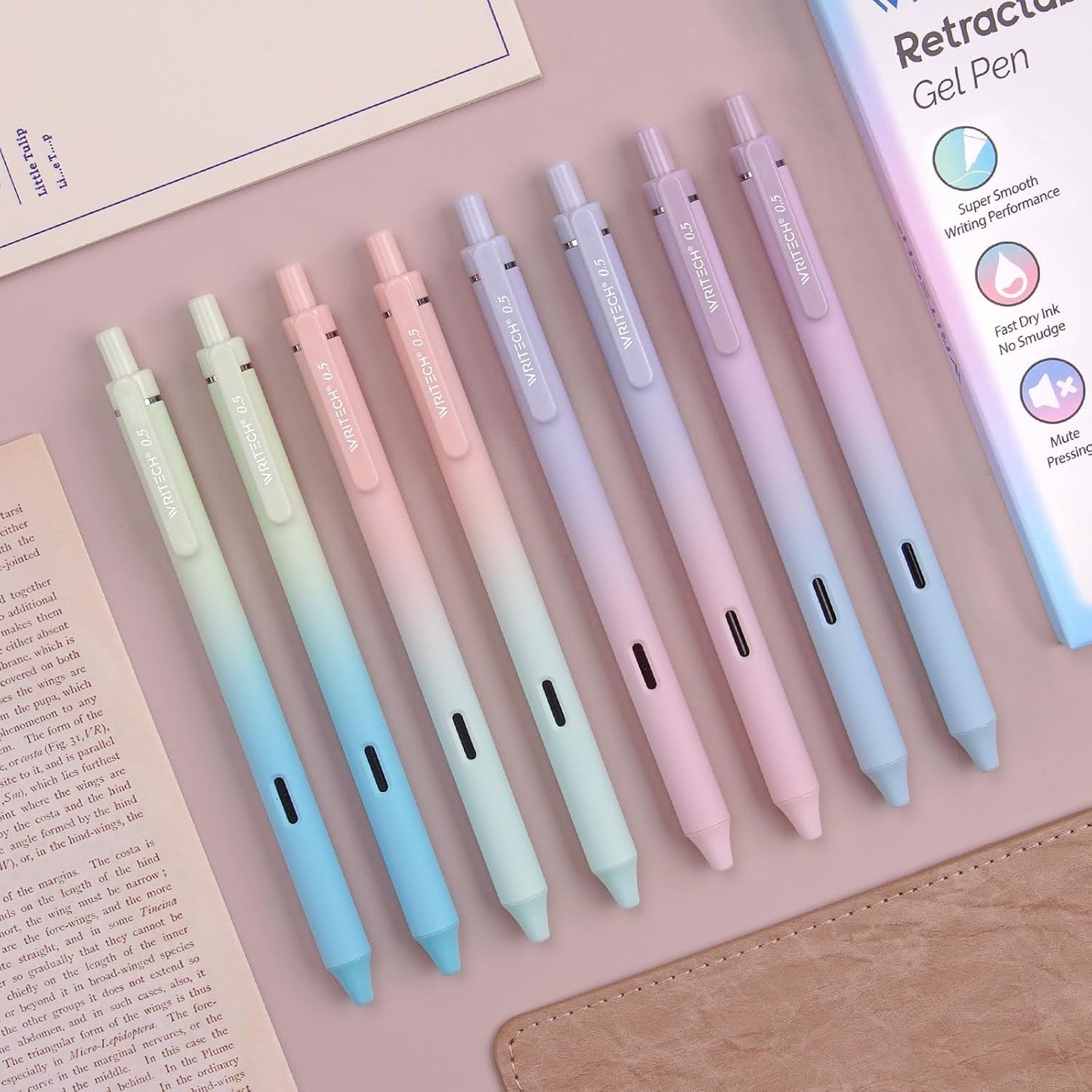 Writech Retractable Gel Ink Pens: 8ct Black Ink 0.5mm Fine Point Tip Pen Comfort Grip Smooth Writing with Aesthetic Gradient Color Barrel for Journaling Note Taking Sketching No Bleed & Smear
