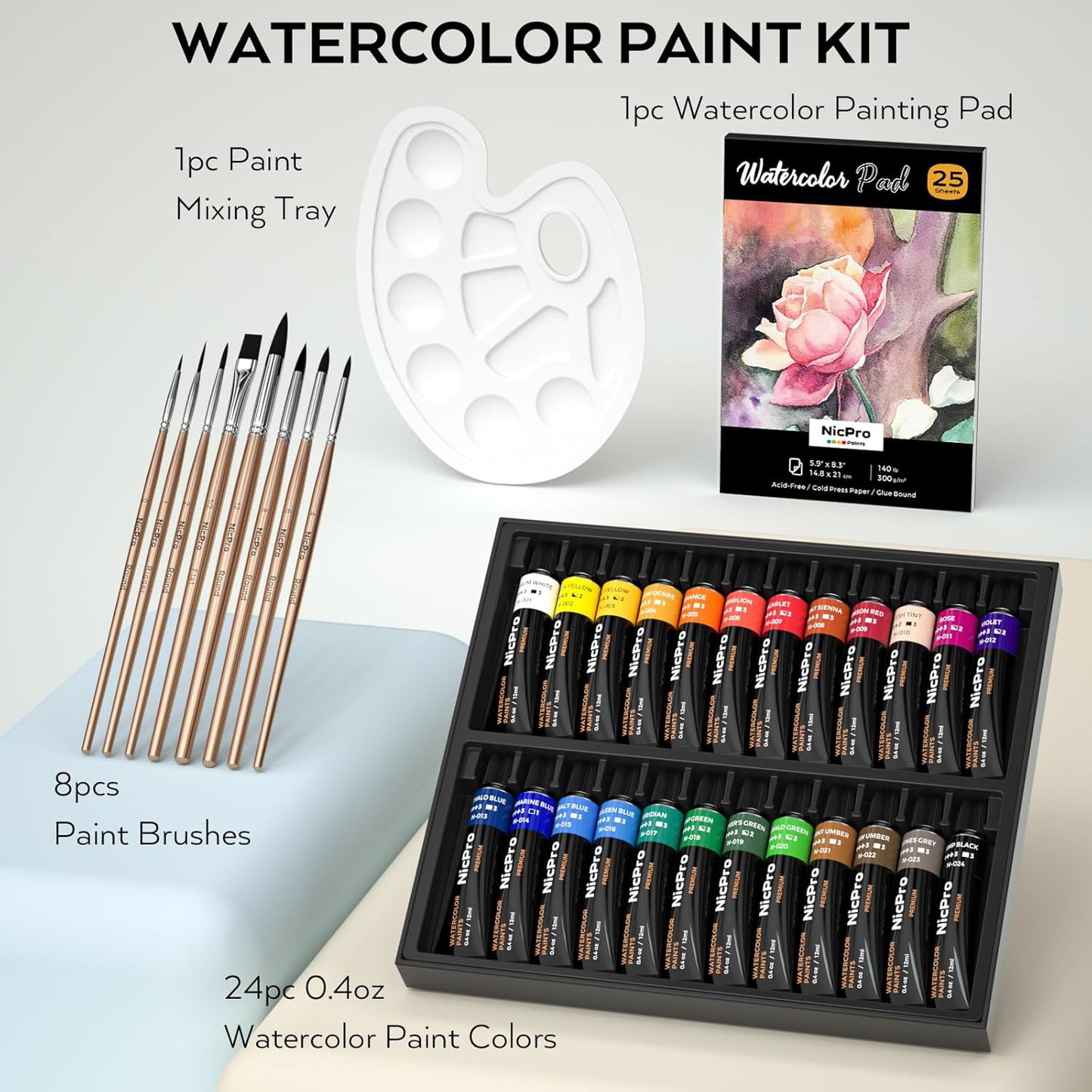 Nicpro 60 PCS Watercolor Paint Set for Adults, Beginner & Artists, 24 Tubes Water Color Paint Kit with 25 Watercolor Paper, 8 Squirrel Paint Brushes, Palettes, Color Wheel, Art Painting Supplies